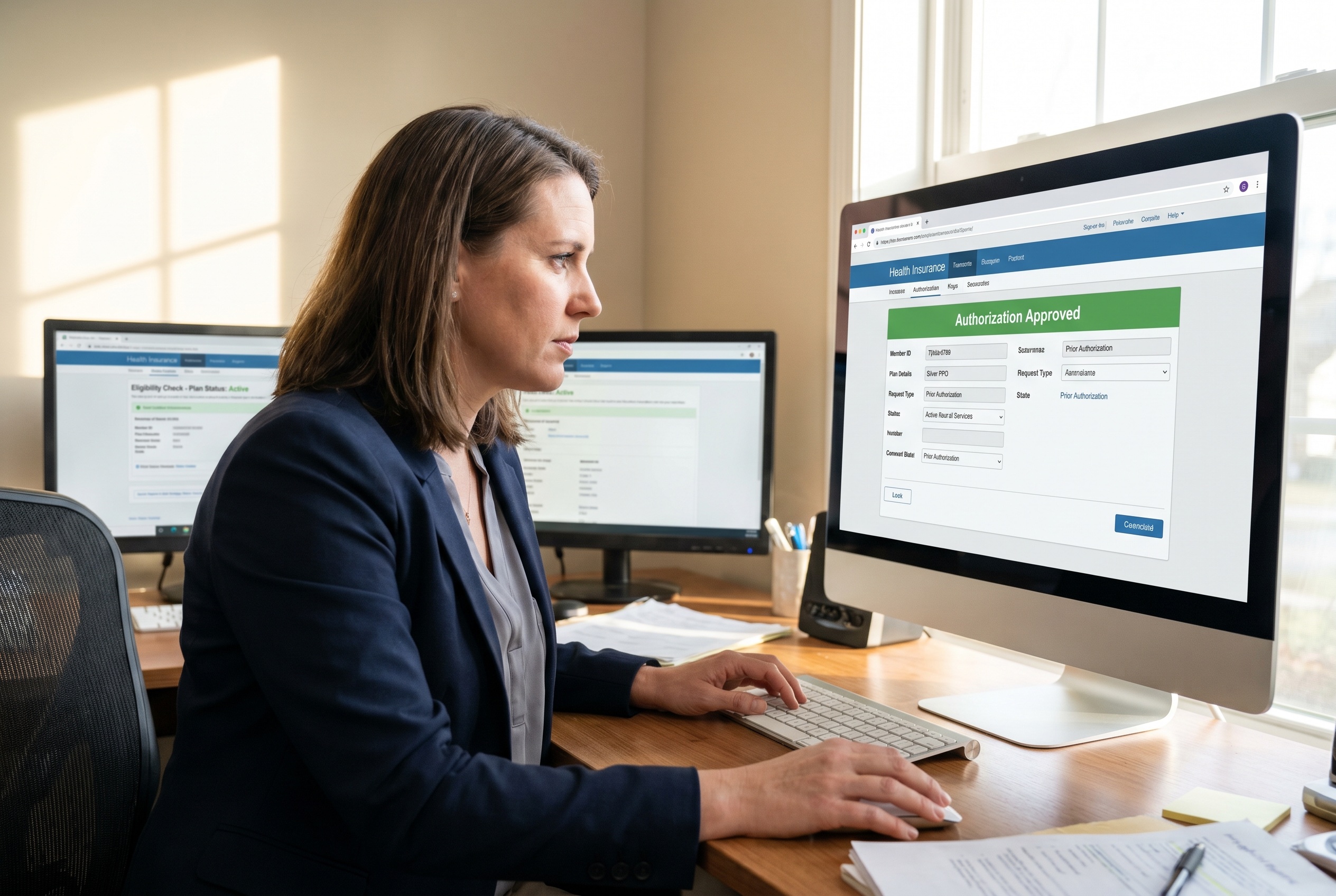 A virtual assistant working in a U.S. payer portal with an approved prior authorization