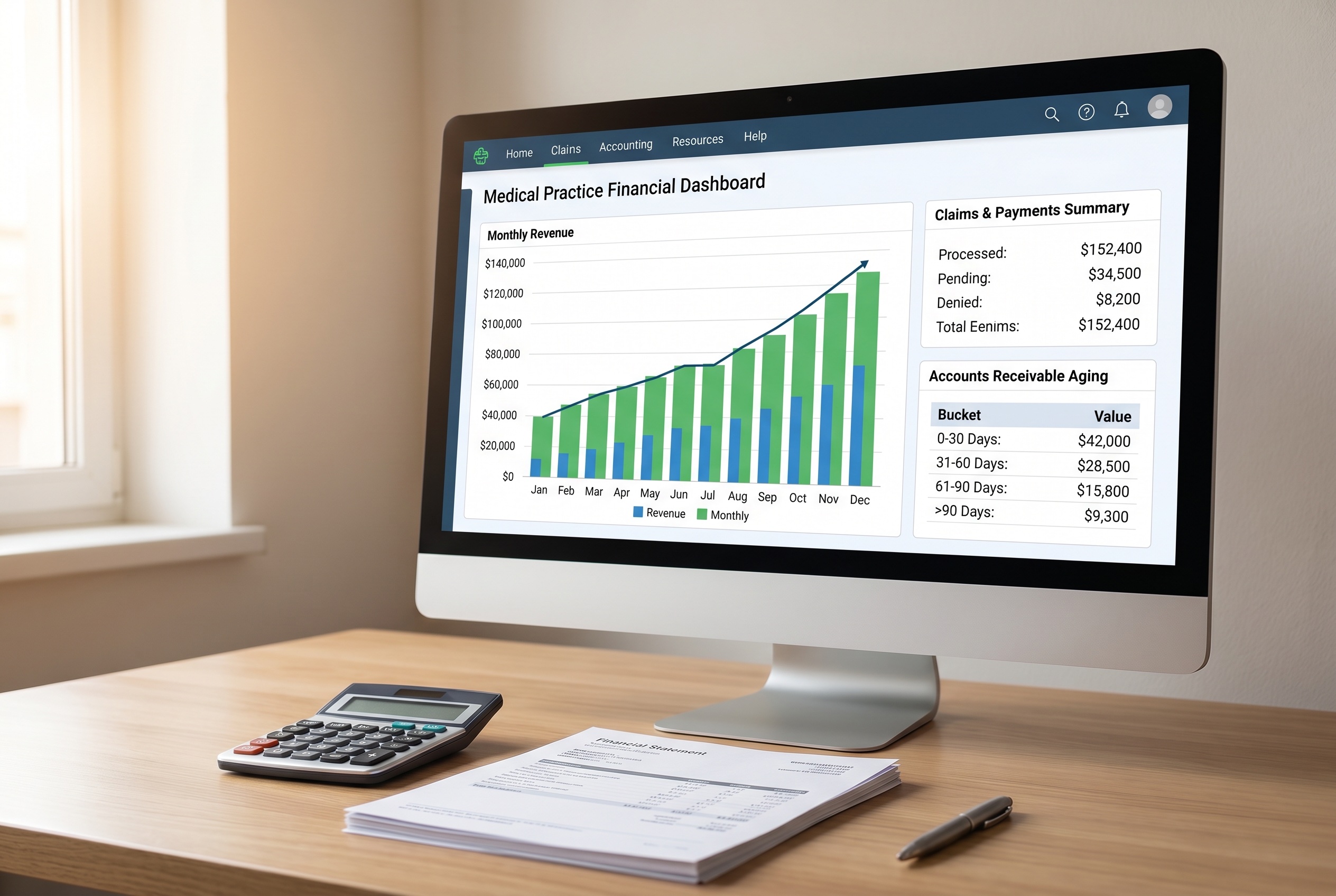 A practice financial dashboard with revenue, claims, and A/R reporting