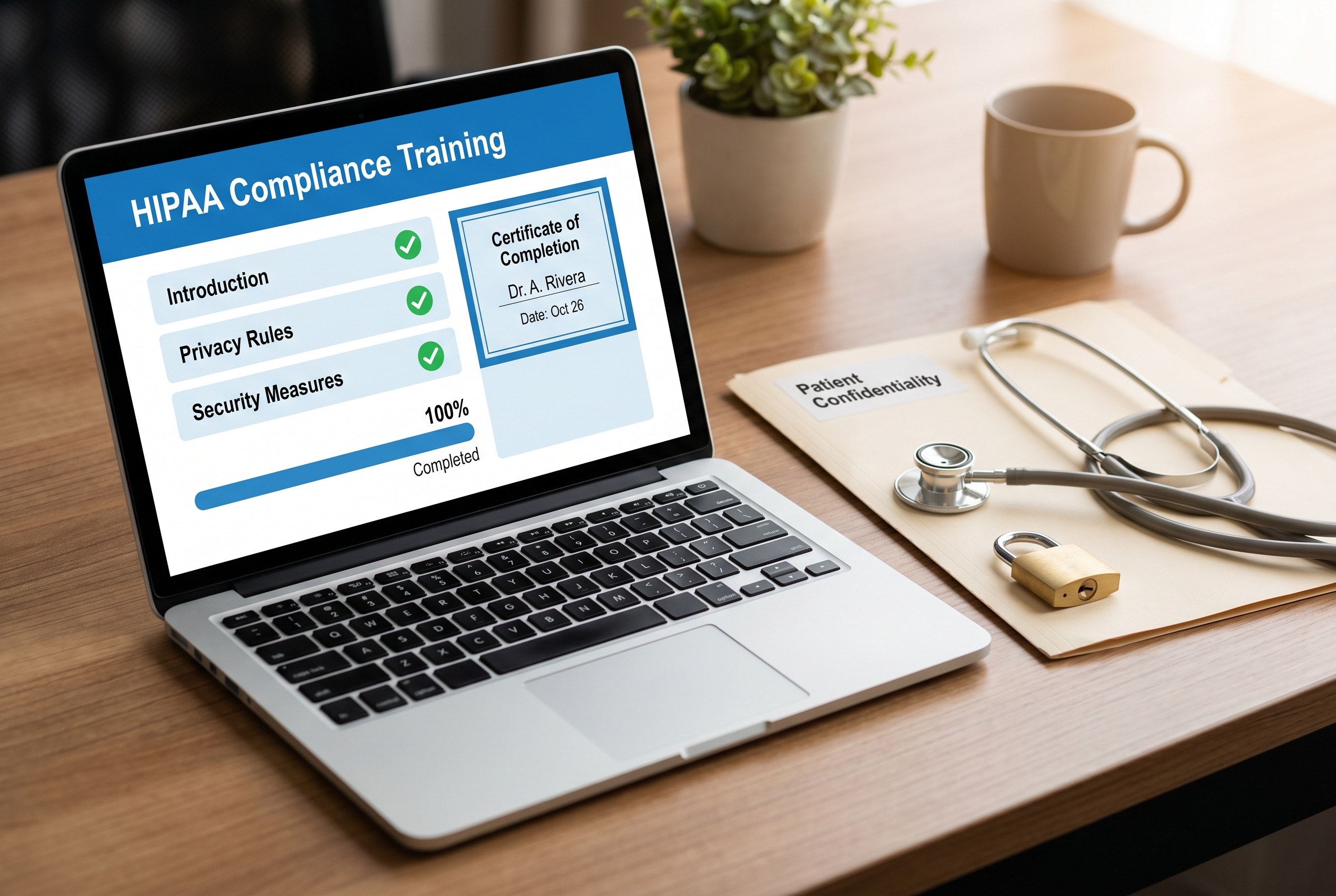 Completed HIPAA compliance training with certificate on screen