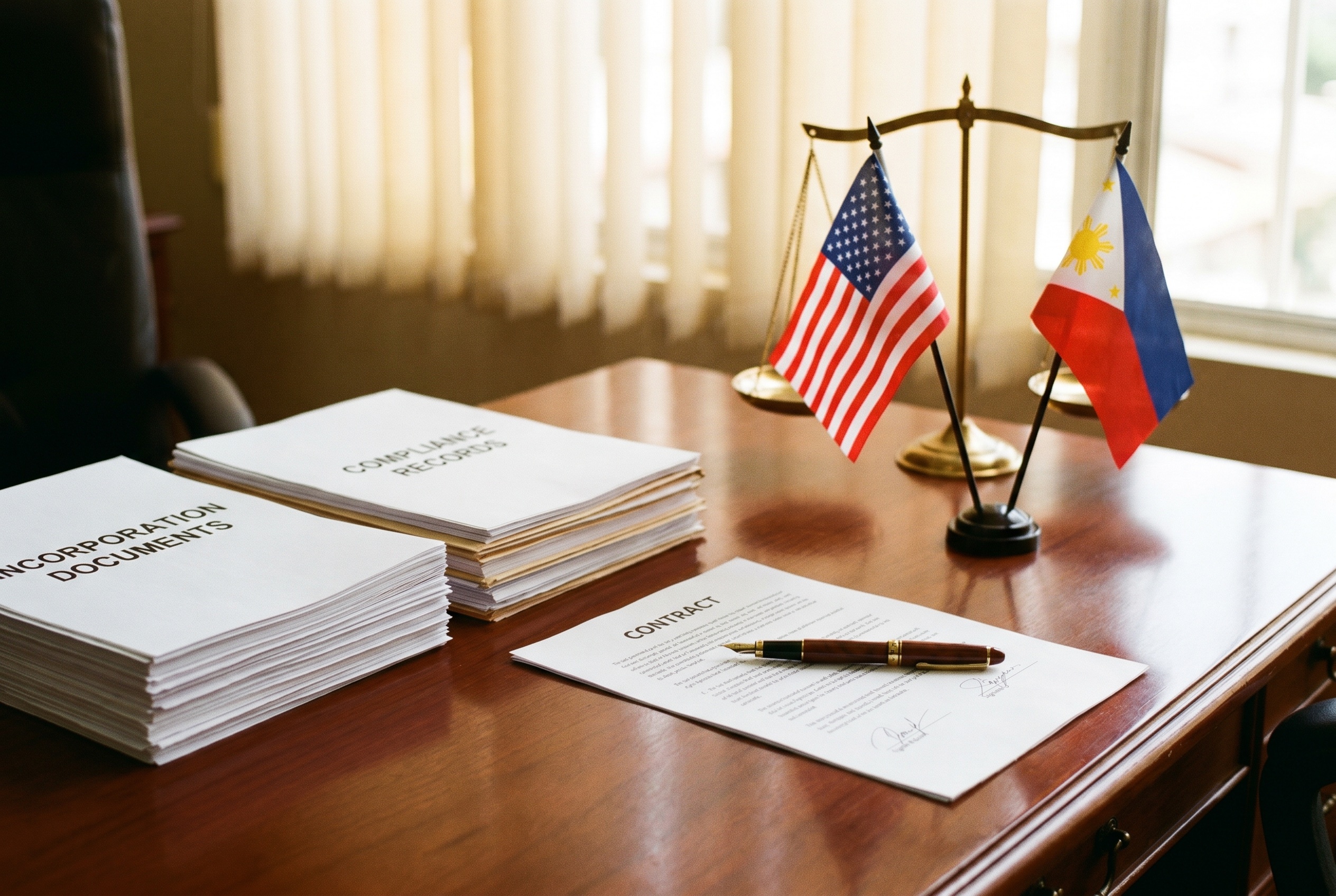 Incorporation documents with US and Philippines desk flags