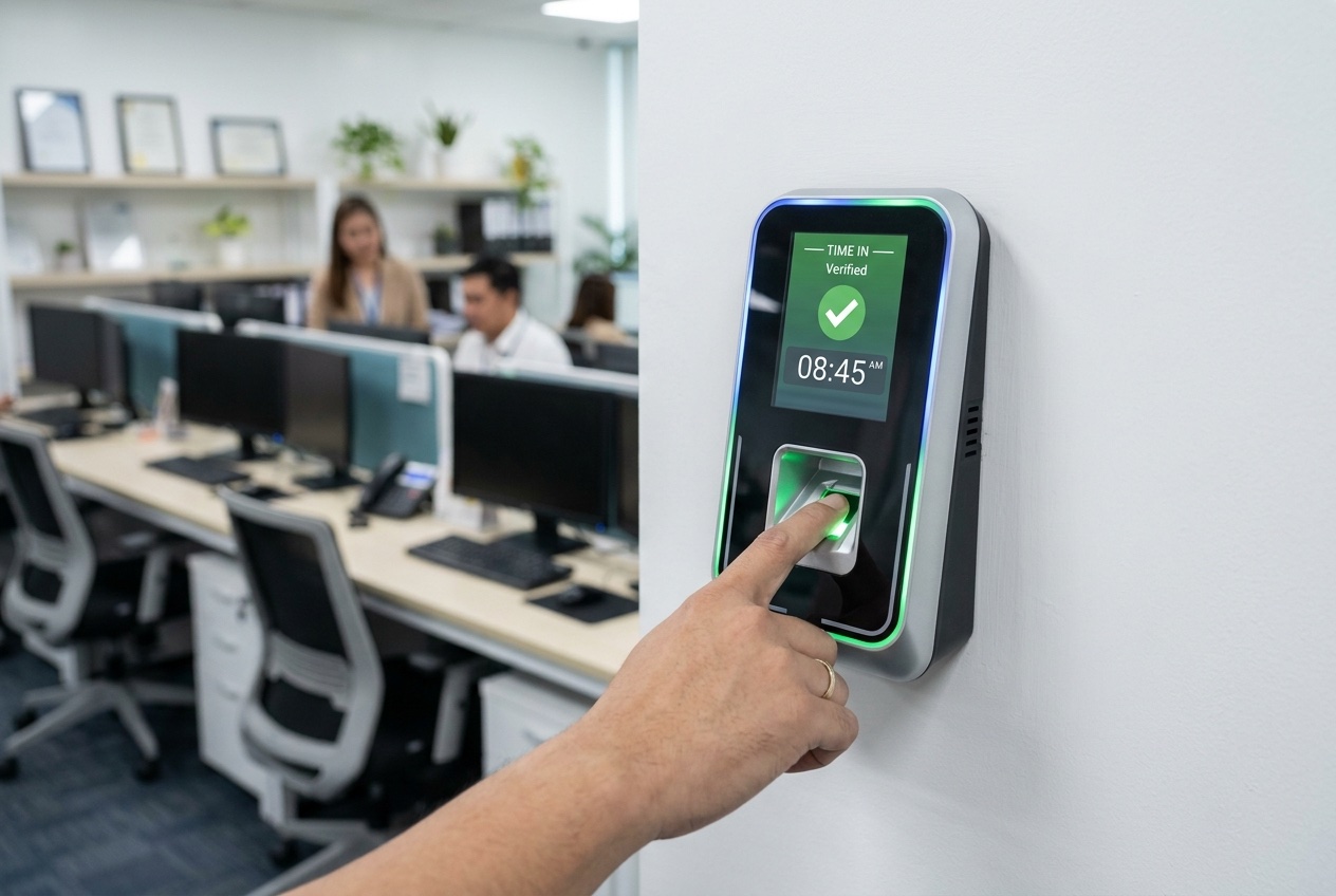 A biometric time clock logging a virtual assistant's verified work hours
