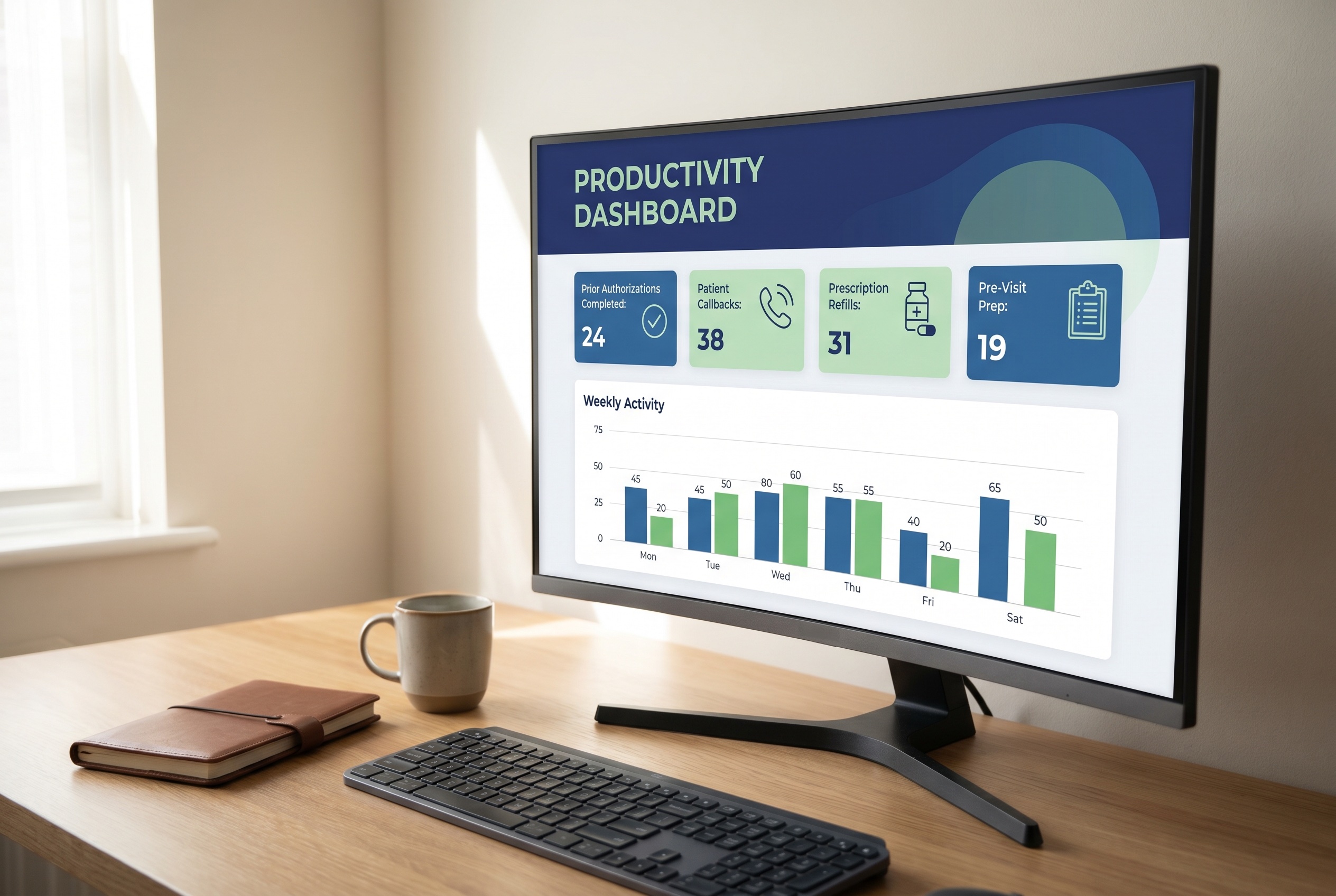 Productivity dashboard counting authorizations, callbacks, refills, and prep